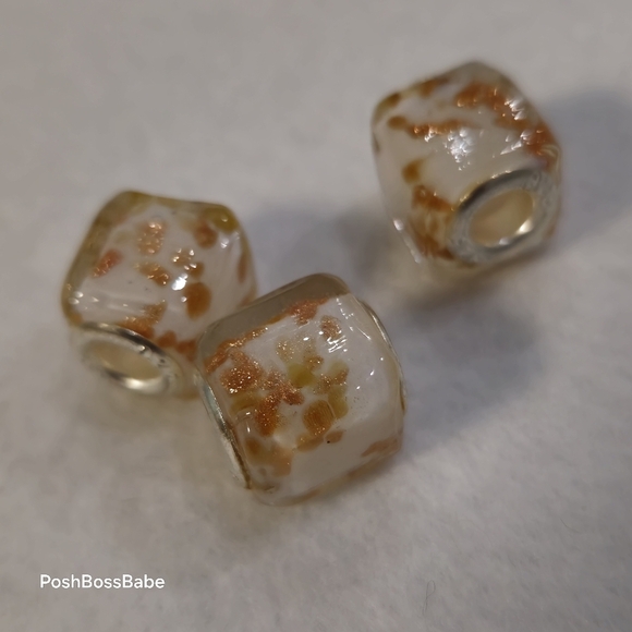 Set of 3 White Gold Murano Glass Square European Beads 925 Sterling Silver Core - Picture 6 of 7